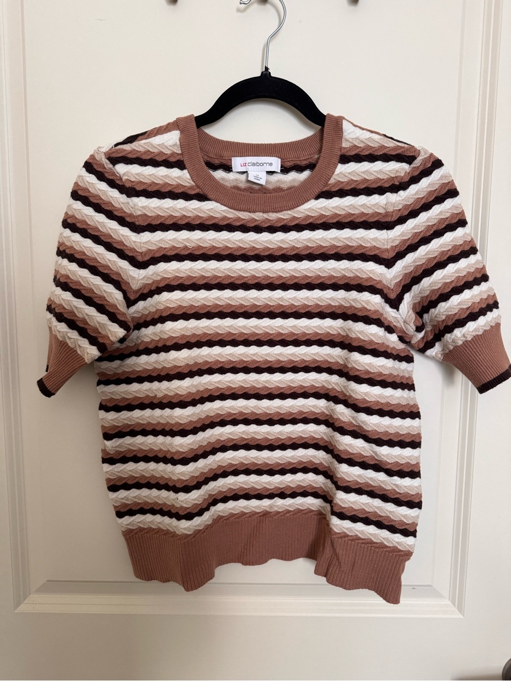 Liz Claiborne Brown and White Striped Short Sleeve Crew Sweater